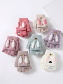 1對帶蓋白色卡通兔耳半指手套,冬季加厚保暖寫字騎車手套,男女適用