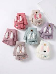 1對帶蓋白色卡通兔耳半指手套,冬季加厚保暖寫字騎車手套,男女適用