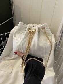 Mini New Fashion Straw Woven Golden Chain Drawstring Bucket Bag, Beach Bag, Hottest Beach Bags - White - View 9