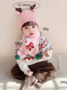 1入組兒童聖誕帽圍巾套裝2件/套,可愛的聖誕老人主題兒童冬季帽圍巾,粉紅色
