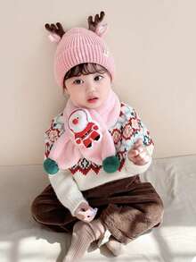 1入組兒童聖誕帽圍巾套裝2件/套,可愛的聖誕老人主題兒童冬季帽圍巾,粉紅色