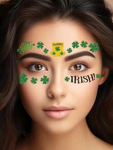 10pcs St. Patrick's Day Clover & Face Pattern Temporary Tattoo, Waterproof - Green - View 4