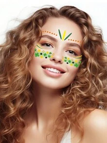 10pcs St. Patrick's Day Clover & Face Pattern Temporary Tattoo, Waterproof - Green - View 1