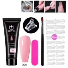 5入組水晶延伸凝膠套裝:1瓶15ml延伸凝膠 + 1支水晶夾子 + 1個雙面文件 + 1支黑色凝膠筆 + 1組20個透明指甲模具 - 淺粉色 - 查看 1