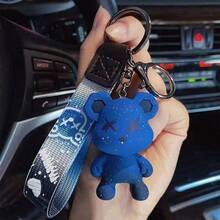 1pc Creative Color Changing Bear Doll Keychain, Fashion Couples Car Keyring Pendant - Blue - View 1