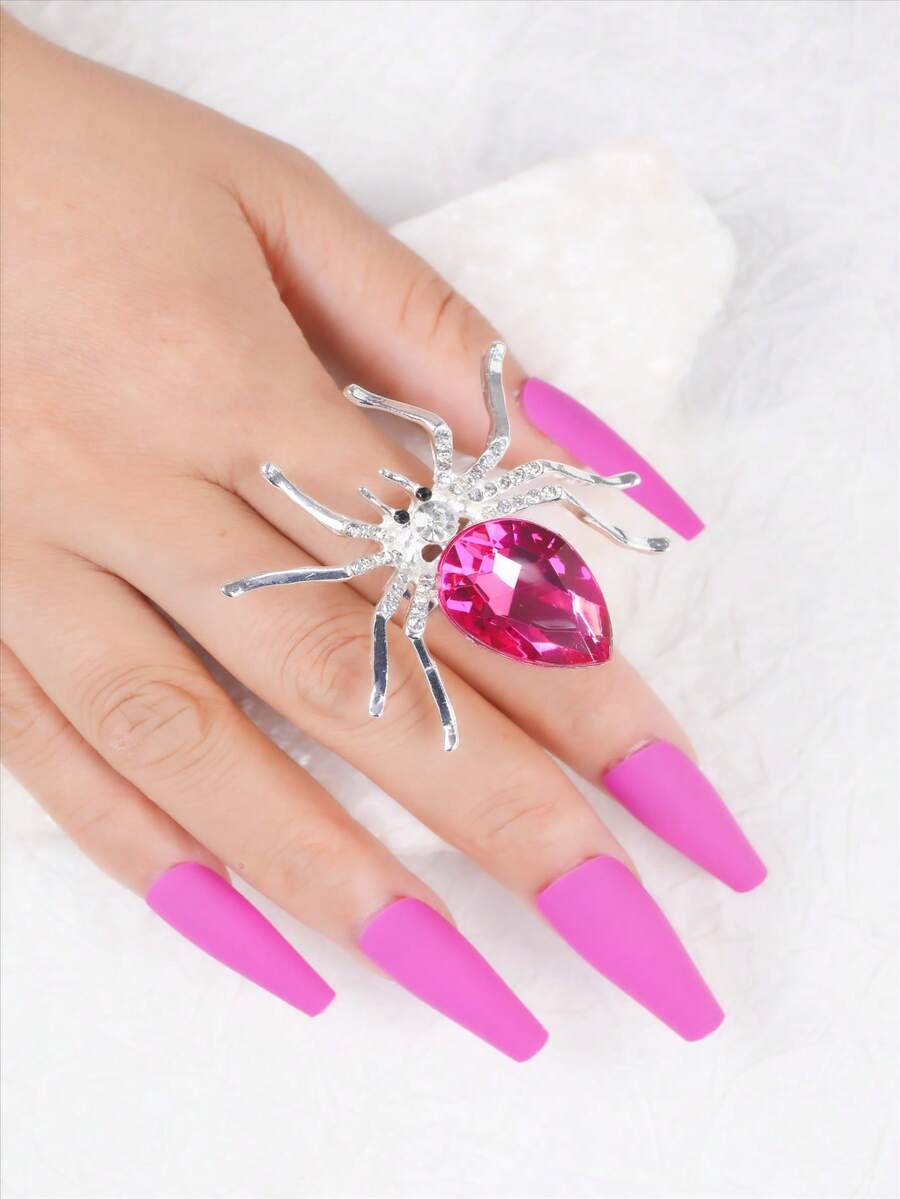 1pc Gothic Style Silver & Pink Rhinestone Spider Ring For Women's Halloween Party, Unique Open Design - Hot Pink - View 1