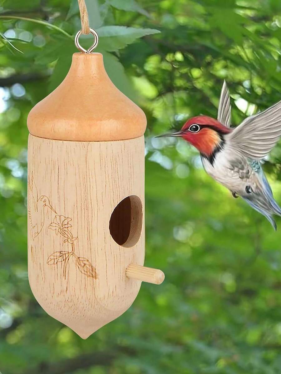室外掛式花園裝飾鳥屋,簡約風格小型木質鳥巢,花園蜂鳥餵食器 - 杏色 - 查看 1