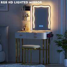 MDGC RGB Makeup Vanity Desk with Wireless Charging Station,7 Dynamic and 7 Static Dimmable Vanity Table with Visible Glass Top,Auto Sensor LED Make up Vanity with Mirror and Lights,Stool