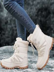 女性時尚高溫保暖毛絨高筒增厚絨面運動耐水耐滑戶外休閒雪地靴,適用於冬季 - 米色 - 查看 4