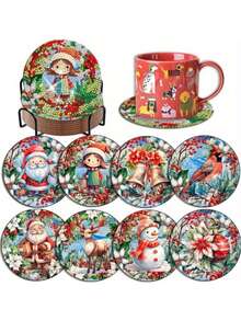 8入組附支架的聖誕鑽石畫杯墊套裝,diy鑽石藝術套件,用於製作杯墊,全鑽頭方形鑲嵌刺繡套件,適用於成人和兒童的初學者藝術工藝用品