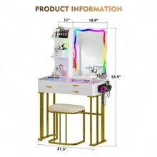 MDGC RGB Makeup Vanity Desk with Wireless Charging Station,7 Dynamic and 7 Static Dimmable Vanity Table with Visible Glass Top,Auto Sensor LED Make up Vanity with Mirror and Lights,Stool