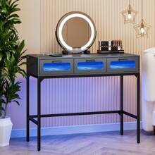 LvifurGurexl Vanity Desk with Lights, Vanity Table Set with 3 Large Drawers, 40 inch Modern Home Office Computer Desk Makeup Dressing Console Table with Metal Legs