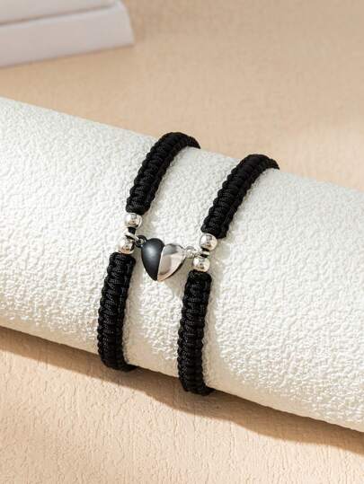 2pcs Handmade Magnetic Heart Shaped Adjustable Couple Bracelets In Black, Suitable As Gifts For Valentine, Friends Etc.