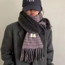 1條女式紫色雙面格紋流蘇仿喀什米爾羊毛柔軟保暖時尚休閒圍巾,日常穿著 - 紫色 - 查看 2