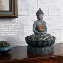 Haobos Indoor Zen/Meditation Sitting Buddha Fountain With Lotus & Led Light And River Rocks, Great For Gift And Peaceful Atmosphere - Grey - View 2