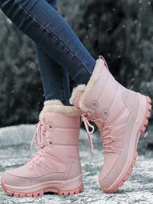 女士新款时尚冬季加厚毛绒保暖高帮保暖内衬防水防滑休闲户外雪地靴 - 粉色 - 查看 3