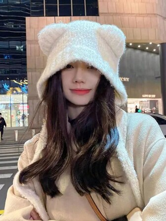 Pălărie drăguță de lână cu ureche de urs, căciuli de iarnă, cu șireturi calde, protecție pentru urechi, șapcă bomber tricotată, Bonete, tricotat, Coreea, femei, Gorros calde