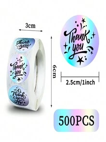 500pcs/Roll Holographic Thank You Stickers Series 2, Pp Roll Sticker, 1 Inch Adhesive Label Seal Sticker - Multicolor - View 2