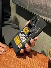 卡通太空人風格直邊黑色防震手機殼，兼容iPhone - 黑色 - 查看 2