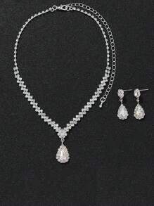 3 buc/set Colier și cercei pentru damă cu strasuri, potriviti pentru nuntă și uz zilnic - Argint - Vizualizare 6