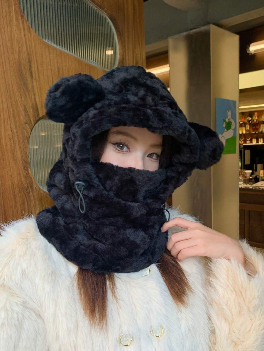 1頂女式帽子,可愛的厚絨毛熊設計,防風保暖,配有口罩可掩蓋耳朵,適用於冬季 - 黑色 - 查看 1