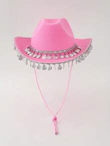 1 件女式粉紅色亮片裝飾貝殼漸變流蘇西部牛仔帽,波西米亞風格音樂會 Rbd 帽子,kj 靈感牛仔禮帽派對帽適合正式場合派對度假服裝