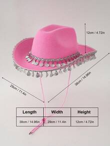 1 件女式粉紅色亮片裝飾貝殼漸變流蘇西部牛仔帽,波西米亞風格音樂會 Rbd 帽子,kj 靈感牛仔禮帽派對帽適合正式場合派對度假服裝