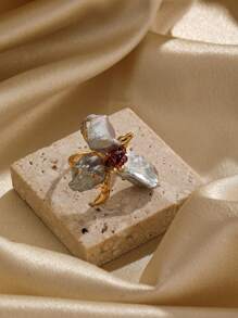 一枚可愛氣質輕奢度假風格的戒指,採用天然珍珠和琺瑯釉滴油裝飾上花和葉,適合假日宴會 - 酒紅色 - 查看 1