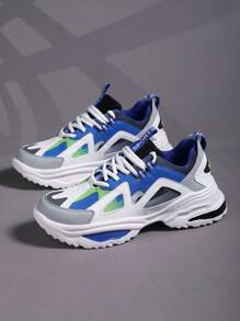 新款男士舒適休閒鞋,前扣帶設計,色塊設計適用於戶外運動,具有防震功能並適合於跑步。時尚且百搭的厚底鞋 - 藍色 - 查看 1