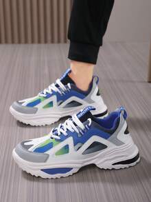 新款男士舒適休閒鞋,前扣帶設計,色塊設計適用於戶外運動,具有防震功能並適合於跑步。時尚且百搭的厚底鞋 - 藍色 - 查看 5