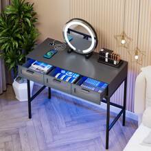 LvifurGurexl Vanity Desk with Lights, Vanity Table Set with 3 Large Drawers, 40 inch Modern Home Office Computer Desk Makeup Dressing Console Table with Metal Legs