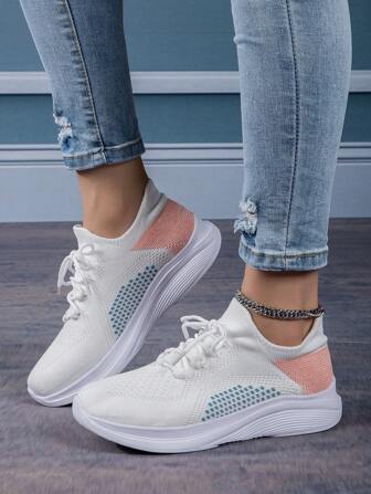 2023新款時尚輕便通氣網面白色女款戶外運動鞋,舒適耐磨防滑