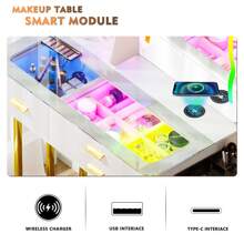 MDGC RGB Makeup Vanity Desk with Wireless Charging Station,7 Dynamic and 7 Static Dimmable Vanity Table with Visible Glass Top,Auto Sensor LED Make up Vanity with Mirror and Lights,Stool