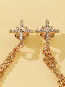 1pc Double-layer Gold Tone Metal Chain Rhinestone Paved Cross & Star Brooch, Detachable, Fashionable Decor For Daily, Casual Wear, Festivals Gift - Gold - View 3