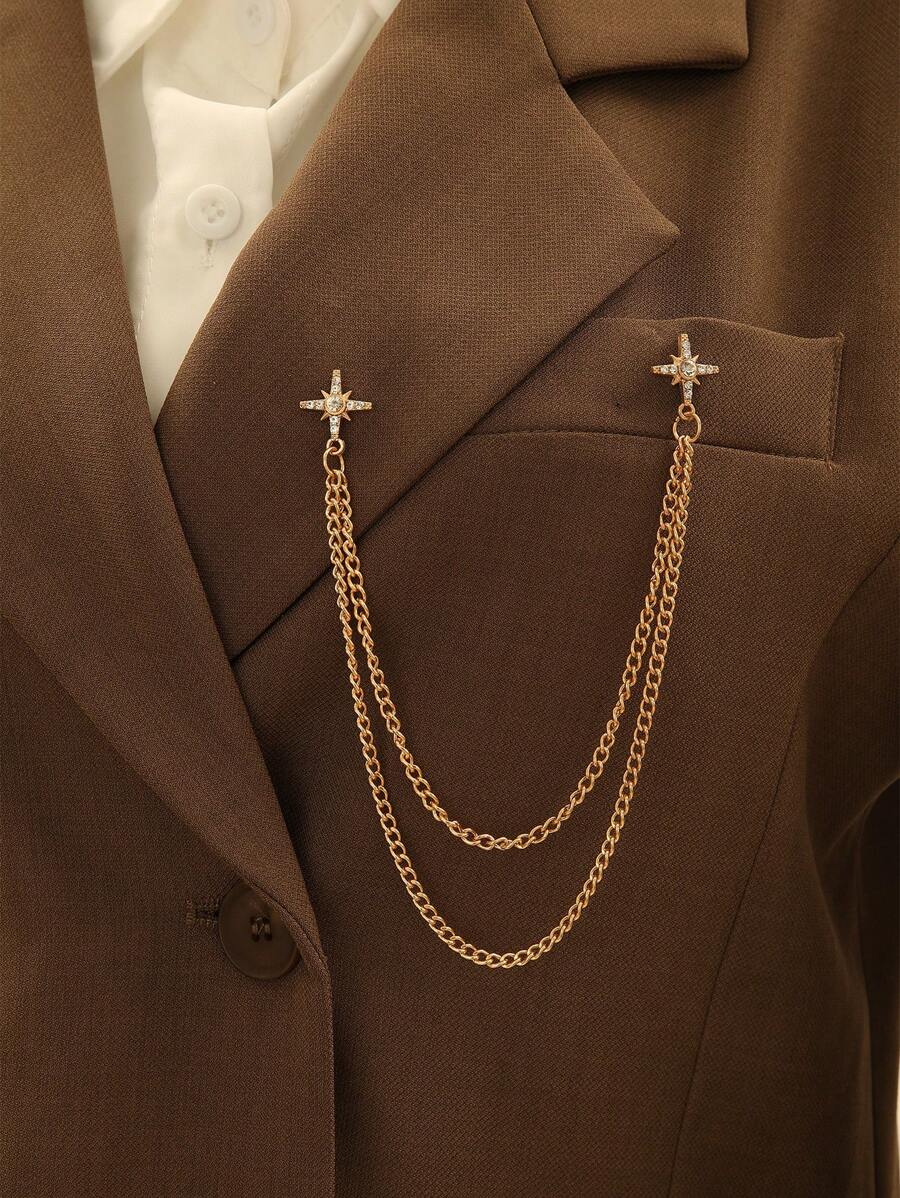 1pc Double-layer Gold Tone Metal Chain Rhinestone Paved Cross & Star Brooch, Detachable, Fashionable Decor For Daily, Casual Wear, Festivals Gift - Gold - View 1