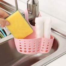 1pc Kitchen Sink Hanging Organizer With Button, Adjustable Sponge Drainage Basket And Faucet Storage Rack - Pink - View 4