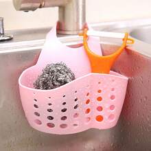 1pc Kitchen Sink Hanging Organizer With Button, Adjustable Sponge Drainage Basket And Faucet Storage Rack - Pink - View 1