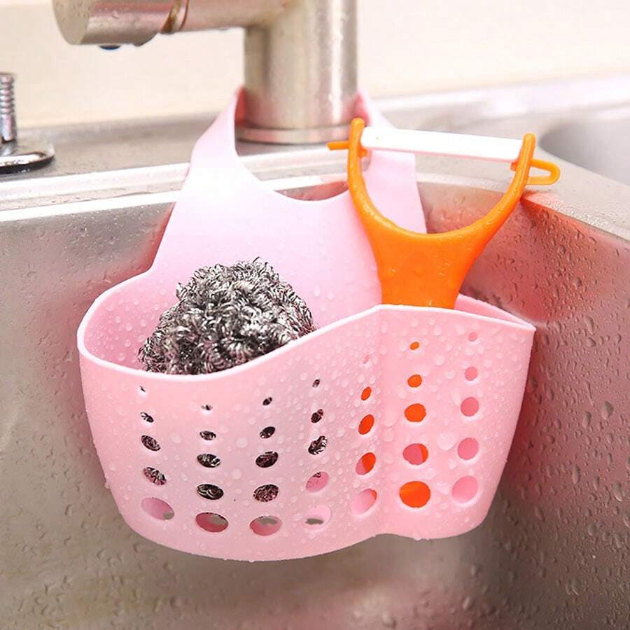1pc Kitchen Sink Hanging Organizer With Button, Adjustable Sponge Drainage Basket And Faucet Storage Rack - Pink - View 1