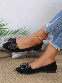 女士尖头蝴蝶结设计平底鞋，优雅低帮鞋 - 黑色 - 查看 2
