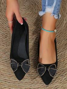 女士尖头蝴蝶结设计平底鞋，优雅低帮鞋 - 黑色 - 查看 1