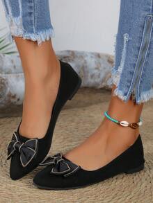 女士尖头蝴蝶结设计平底鞋，优雅低帮鞋 - 黑色 - 查看 5