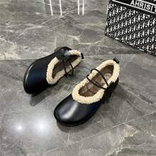 歐式女鞋 - 2023冬季新款軟皮蓬鬆內襯樂福鞋方頭珍平底鞋一扣 - 黑色 - 查看 11