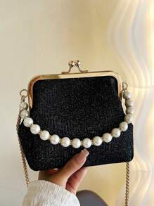 1 件仿珍珠包手提包斜挎包夹包晚宴包便携闪光/闪亮适合婚礼舞会晚宴派对时尚安静奢华 Chuck 仿珍珠装饰新娘派对女孩女士妻子礼物旅行配件 - 黑色 - 查看 1