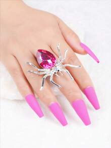 1pc Gothic Style Silver & Pink Rhinestone Spider Ring For Women's Halloween Party, Unique Open Design - Hot Pink - View 3