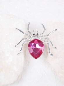 1pc Gothic Style Silver & Pink Rhinestone Spider Ring For Women's Halloween Party, Unique Open Design - Hot Pink - View 5