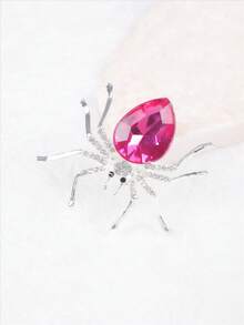 1pc Gothic Style Silver & Pink Rhinestone Spider Ring For Women's Halloween Party, Unique Open Design - Hot Pink - View 6