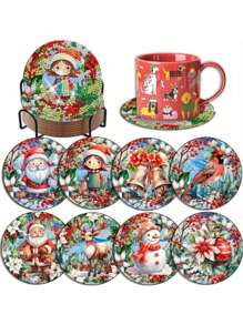 8入組附支架的聖誕鑽石畫杯墊套裝,diy鑽石藝術套件,用於製作杯墊,全鑽頭方形鑲嵌刺繡套件,適用於成人和兒童的初學者藝術工藝用品