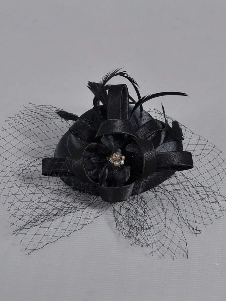優雅女士頭飾帽,英式復古貴婦黑色婚禮禮服頭飾帽,夜上海頭帶配件,適用於賽馬/派對,新娘婚禮攝影頭飾,新娘帽,雞尾酒帽 - 藏蓝色 - 查看 1