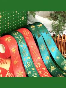 5 Yards 2.5cm Christmas Ribbon, With Holiday Printed Grosgrain Ribbon And Metallic Flash, Gift Wrapping And Decorating Material - Green - View 2