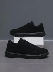 (Run Small 1 Size) Men's Front Lace-Up Fashionable Versatile Casual Shoes, Classic All-Black Comfortable Sneakers, Minimalist Solid Color Running Shoes - Black - View 3